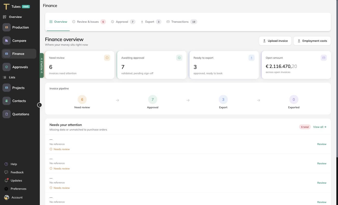 Finance overview with invoice pipeline