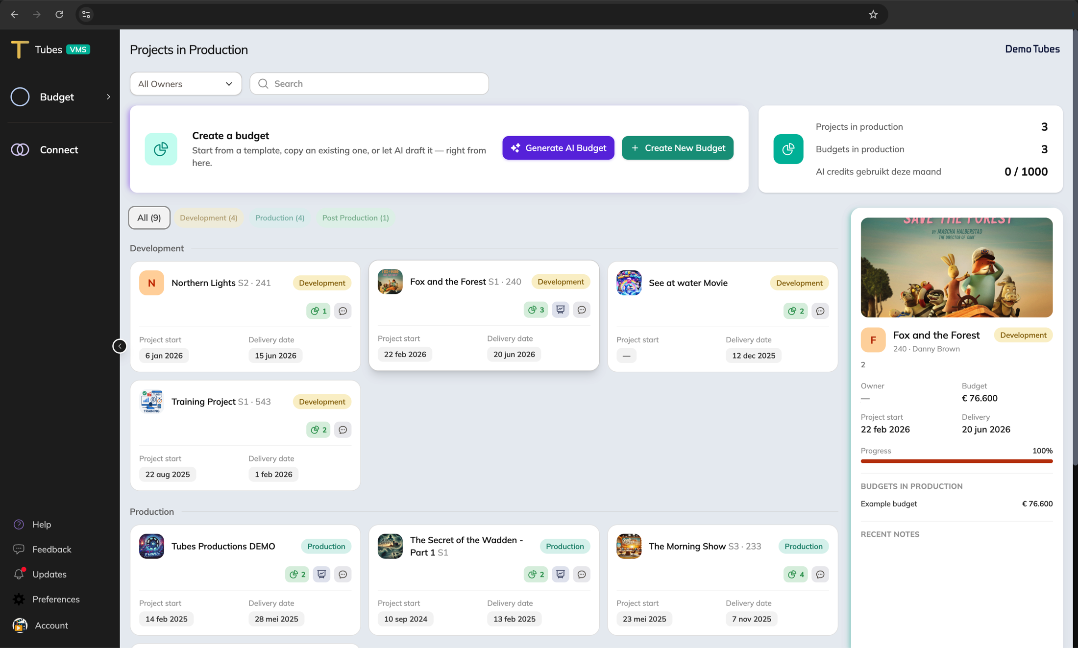 Create a budget from a template, a copy or an AI draft in Tubes