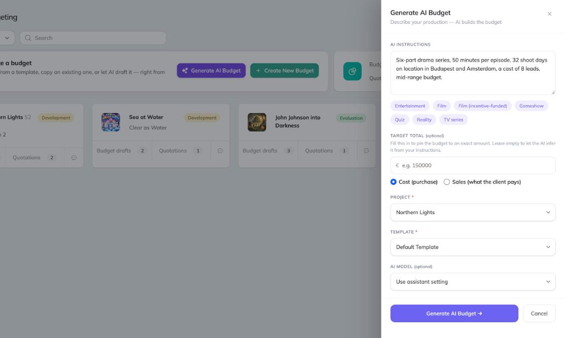 Generate an AI budget in Tubes by describing the production