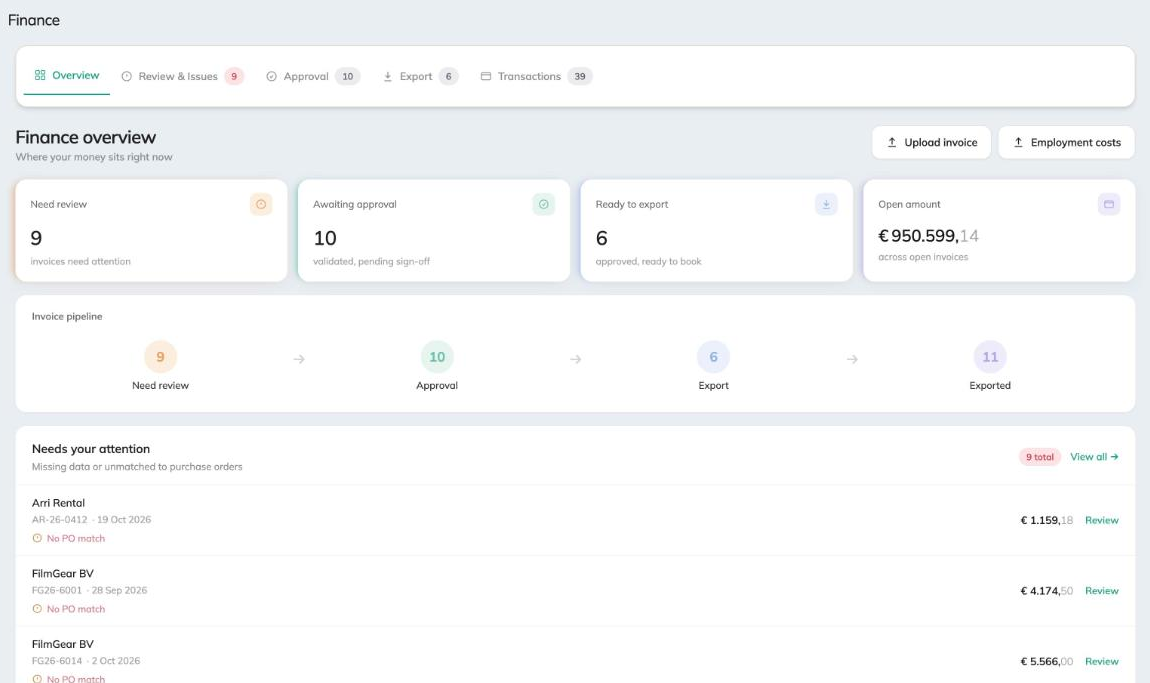 Finance overview in Tubes with the invoice pipeline from review to export