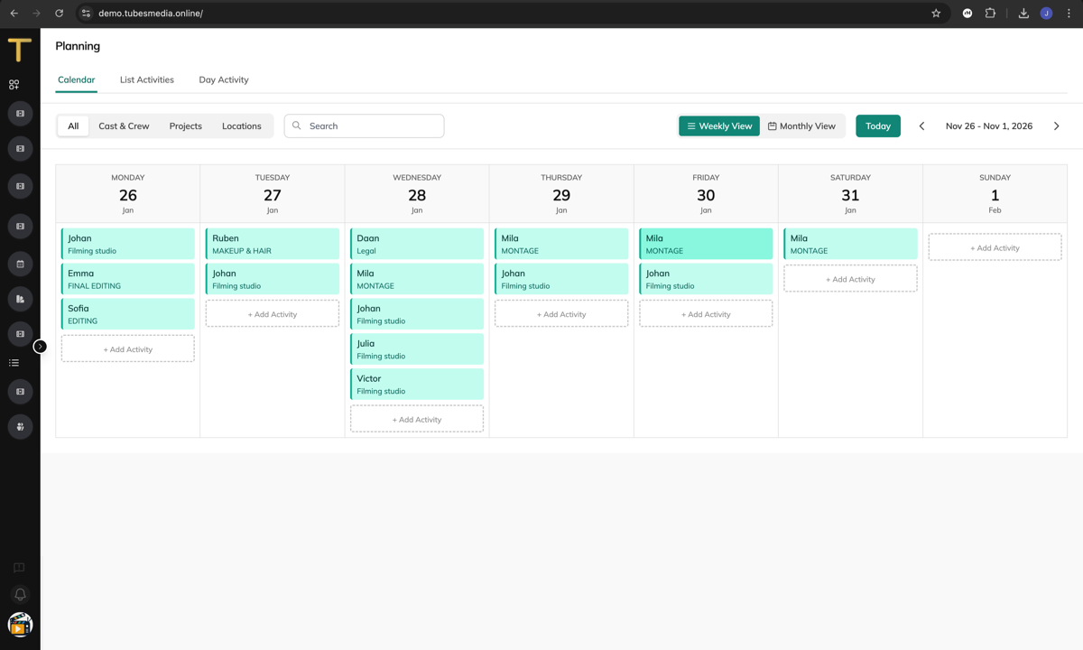Weekly planning calendar with activities